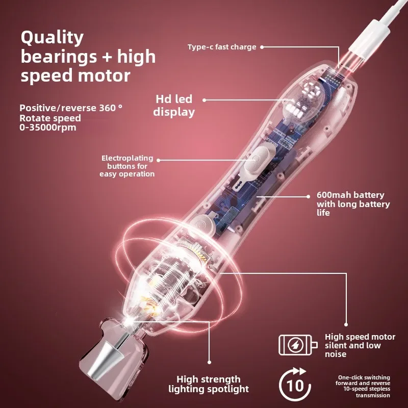 مزيل طلاء الأظافر الكهربائي المحمول، شاشة LED، ماكينة طحن وتلميع مانيكير، شحن من النوع C للاستخدام المنزلي