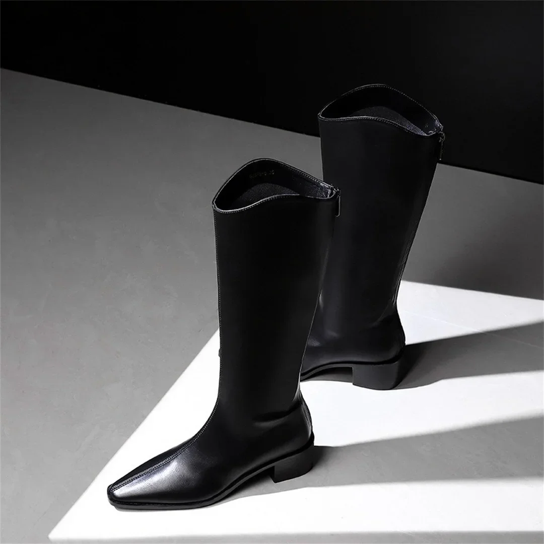 Winter Black Knee-High Boot Shoes For Woman Point Toe Square Heel Long Boots Women's Waterproof Faux Leather Back Zip Thigh Boot