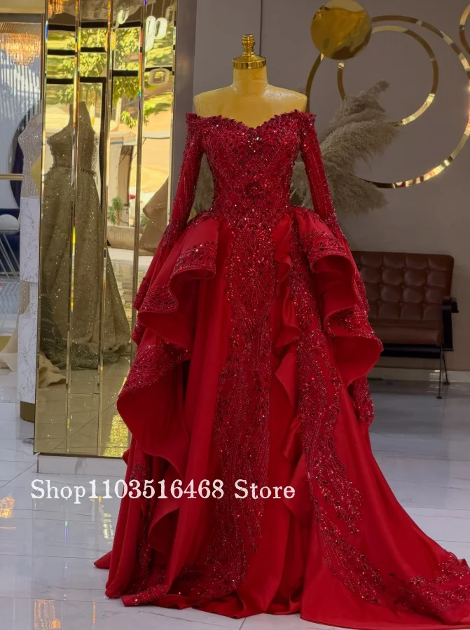 Customized Gorgeous Off-Shoulder Long-Sleeve Middle Eastern Wedding Dress Sparkling Lace Arabic Bridal Gown Dreamy Henna Nights