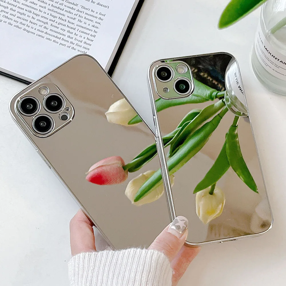 Серебристый ударопрочный чехол с зеркалом для макияжа для iPhone 15, 16 Pro, 11, 12, 13, 14 Pro Max, X, XR, XS, задняя крышка телефона, чехол-бампер для объектива камеры