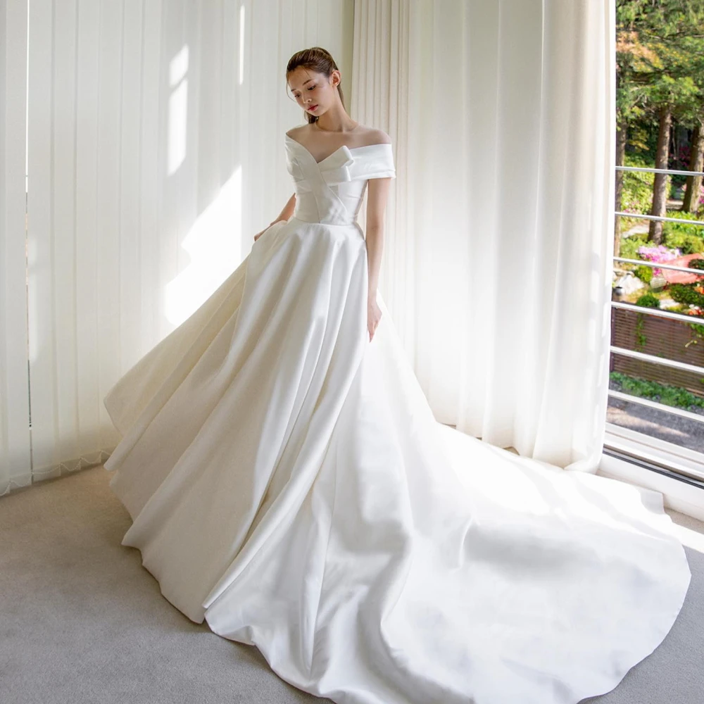 

SONDR A-Line Custom Made Satin Wedding Gown Off the Shoulder Korea Civil Ivory Brides Vestido De Noiva Women Bridal Dresses