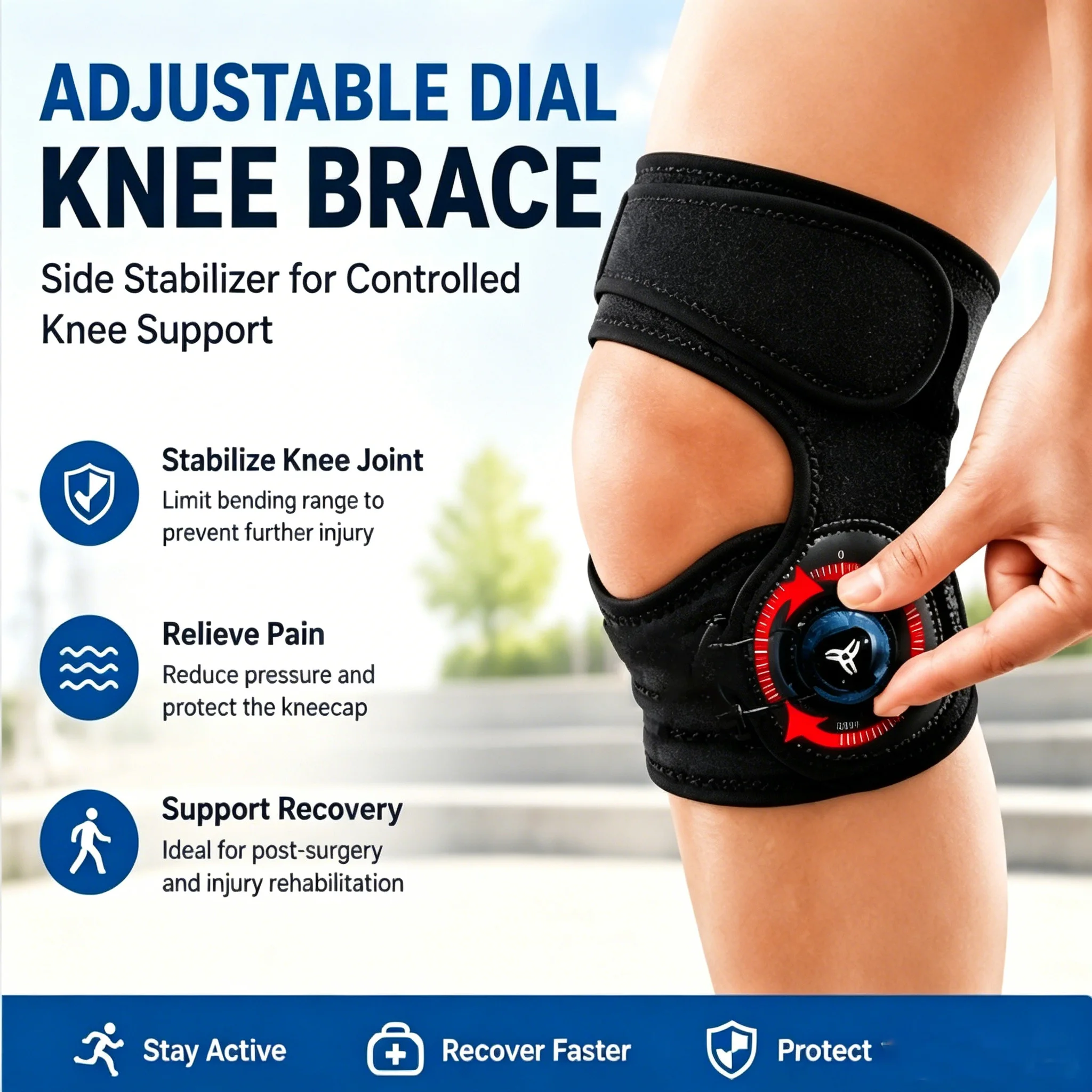 Adjustable Dial Knee Brace with Shock Absorbing Silicone Pad Side Stabilizer Knee Support for Meniscus Tear Joint Pain Recovery