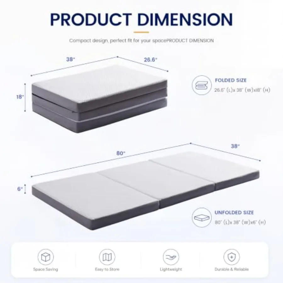 Trifold Mattress 6 Inch Memory Foam Folding Mattress with Breathable Washable Cover Floor Pad Foldable Guest Bed for Camping Ro