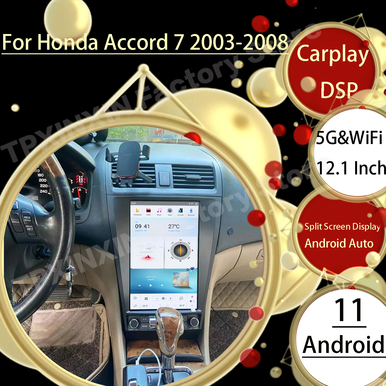 8+256GB 2 Din Android 11 Tesl- Stereo For Honda Accord 7 2003 2004 2005 2006 2007 GPS Navi Audio Radio Receiver Player Head Unit