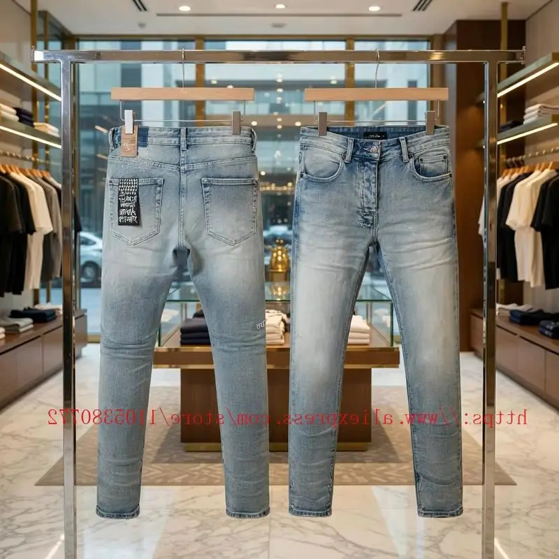 

Новинка 2026: Мужские светло-голубые стрейчевые джинсы скинни, облегающие, из денима, повседневные брюки в уличном стиле