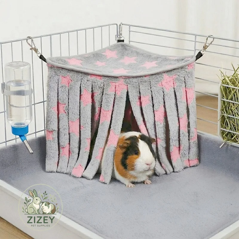 Meerschweinchen-Eck-Fleece-Versteck mit Hängevorhang und Quasten, Hängematte, Haustierbett für Kaninchen, Chinchilla, Frettchen, Ratte, Käfigdekoration – Detail 4