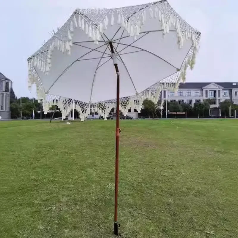White Fringed Beach Umbrella Outdoor Garden Parasol for Patio Cafe Courtyard Sun Shade with Rope Decoration Casual Style