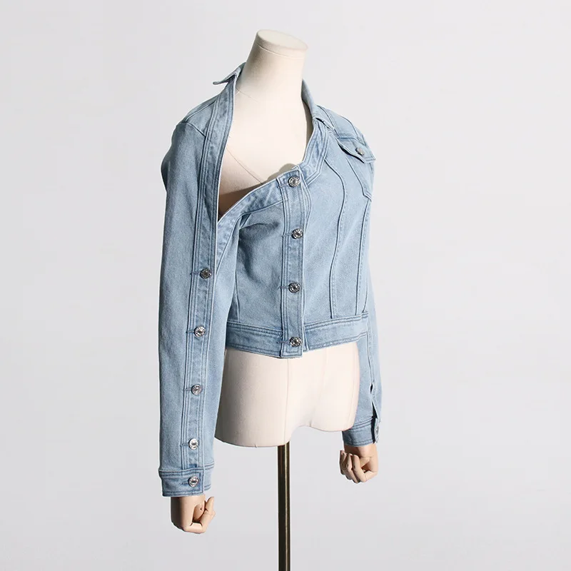 Women Jeans Jacket New  American Vintage Washed Aged Strapless Design Denim Jacket  Niche Design Coat Women Jackets for Women