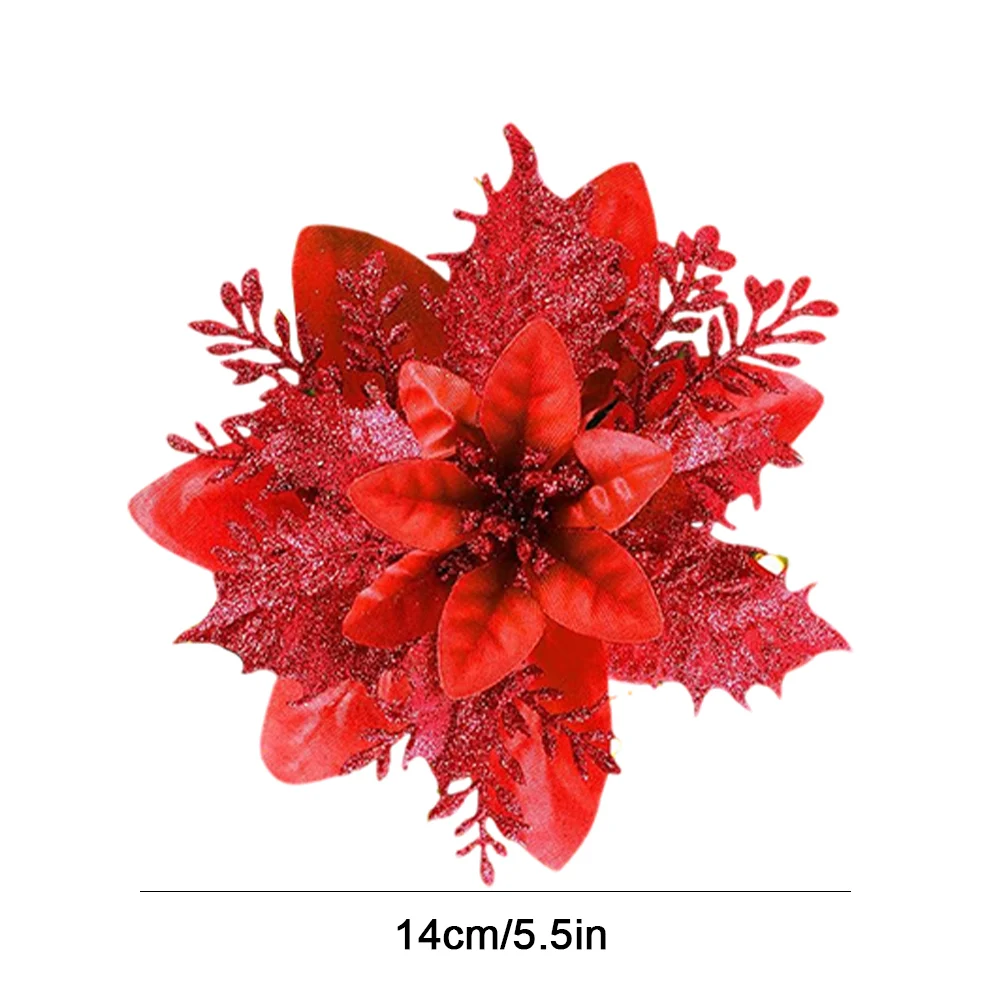 12Pcs Christmas Poinsettia Artificial Poinsettia Decorative Glittery Flowers Decorations with Clips for Stairs Window Fireplace