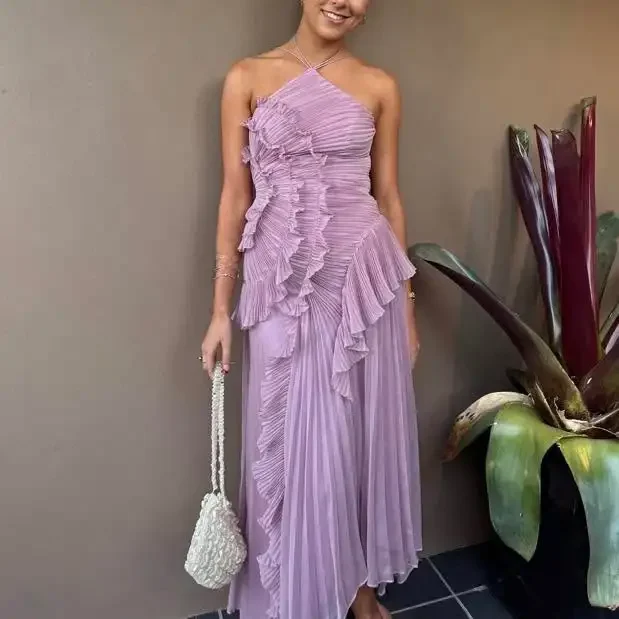 Fioletowe sukienki na studniówkę typu halter, linia A, z falbanami, warstwowe, bez pleców, sukienki imprezowe, letnie, nowe, wakacyjne, szyfonowe, długie suknie wieczorowe 2025