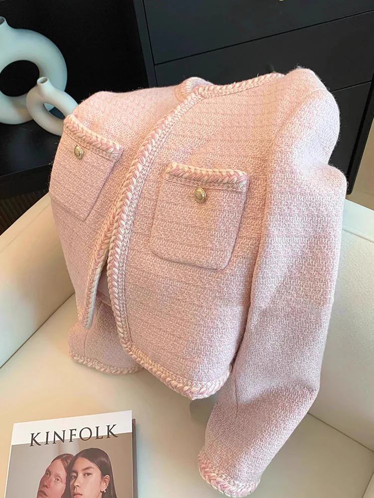 Autumn Winter New Women Sweet Pink Tweed Jackets Elegant Fashion Long Sleeve Patchwork Coat Casual Female Open Stitch Outwear