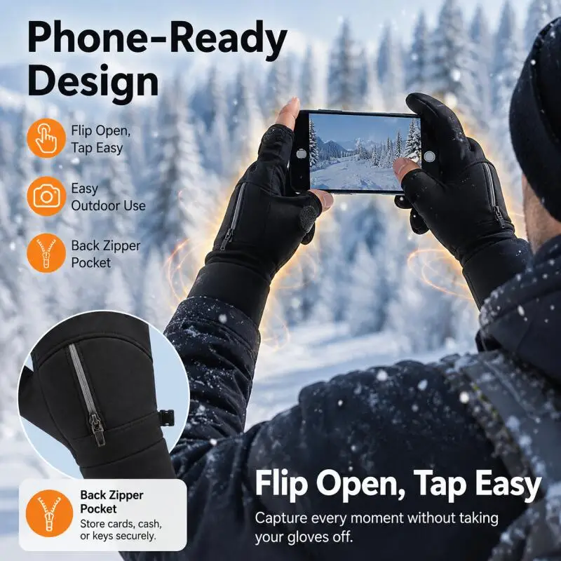 Winter Flip-Open Thumb & Index Gloves with Back Zipper Pocket, Touchscreen Design for Cycling, Driving & Outdoor Use