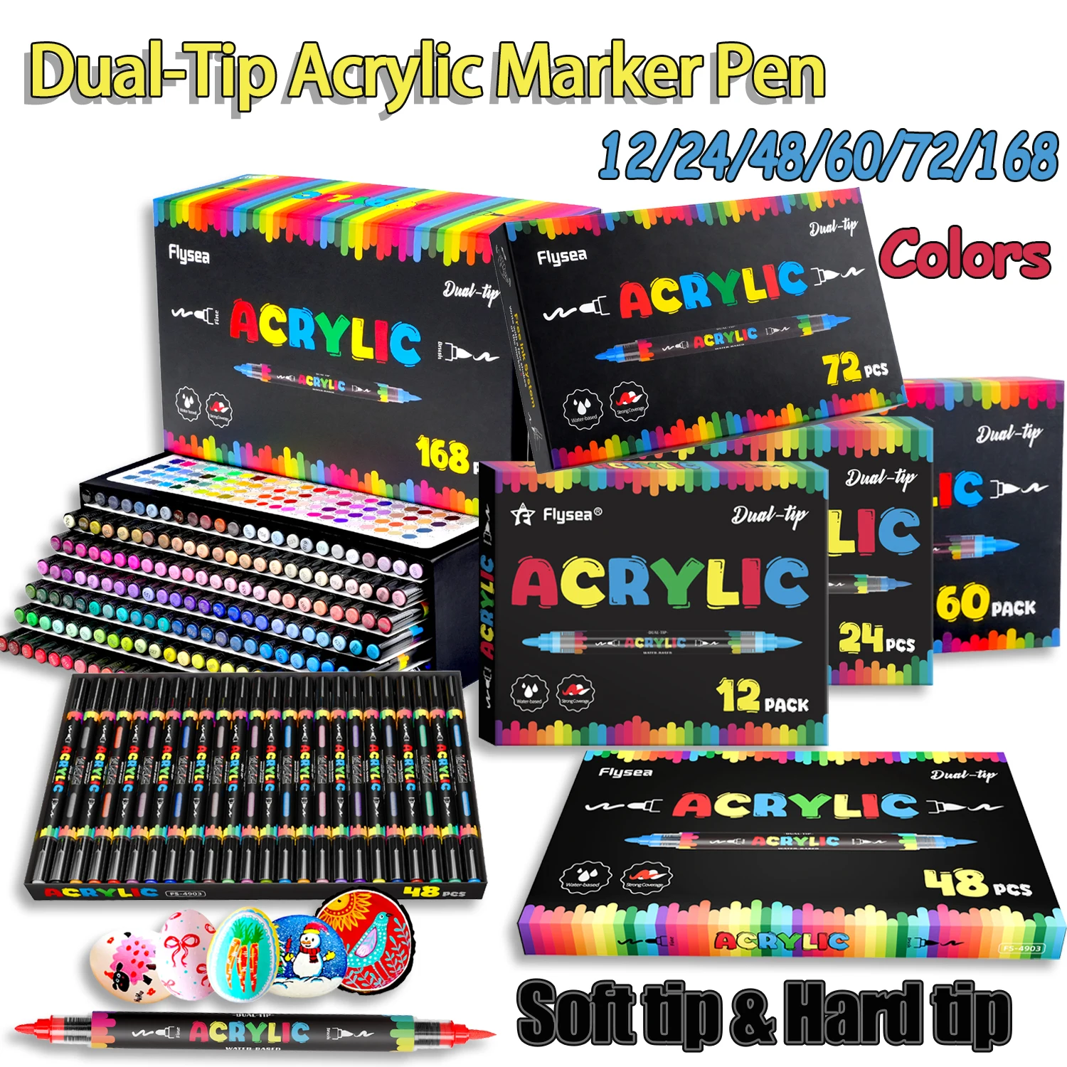 

Акриловые маркеры Flysea с двумя наконечниками, доступны в 12/24/48/60/72/168 цветах и различных спецификациях, с мягким и тонким наконечниками, на водной основе, с акриловыми чернилами, обеспечивающими высокое покрытие, подходят для рисования на различны