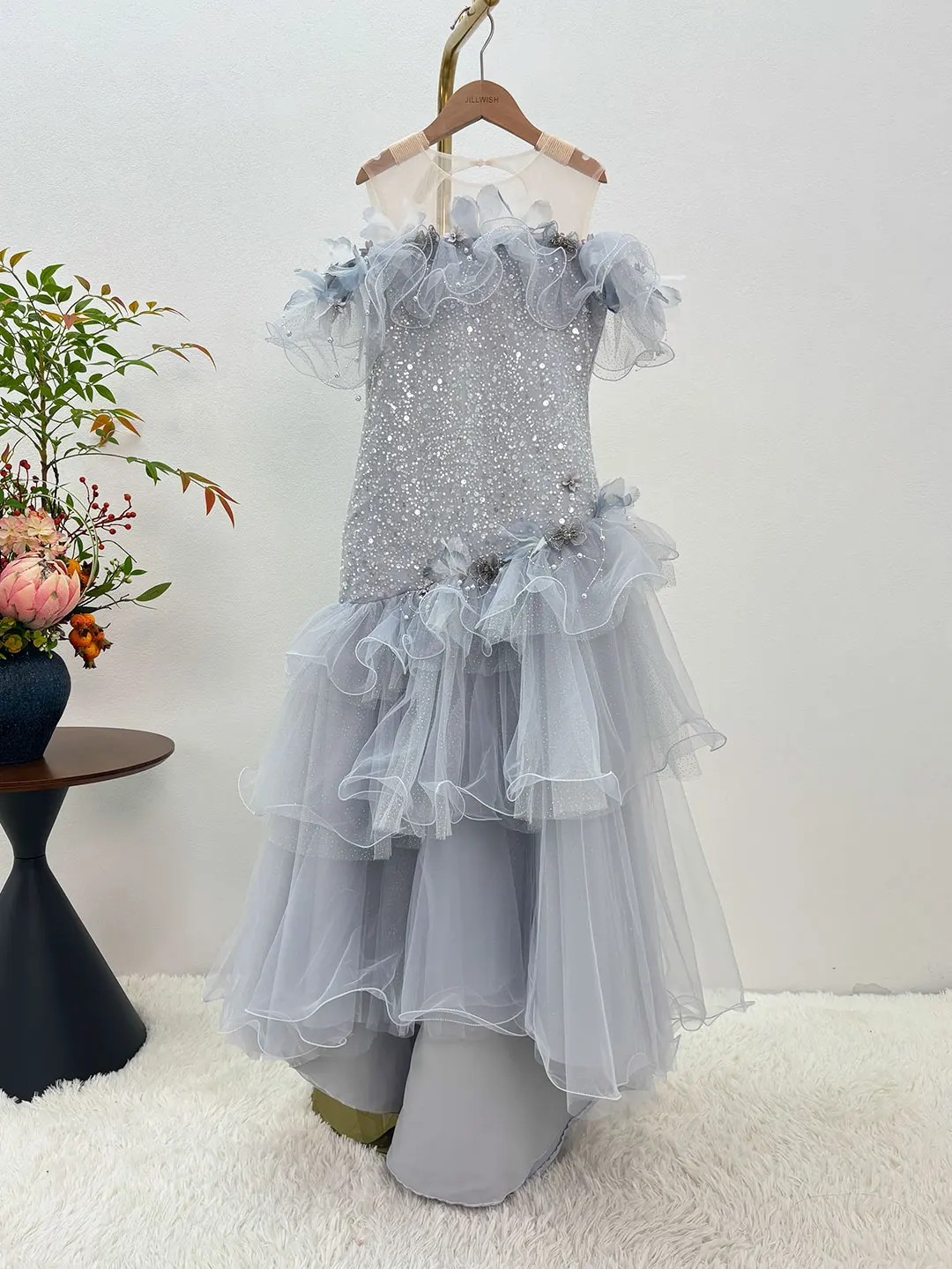 Dreamy Vow D367 Elegant Off-Shoulder Flower Girl Dress - Light Blue Glitter Tulle Gown with Beaded Details & Cascade Ruffles