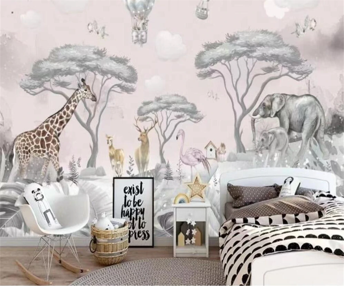 

Custom wallpaper tropical rainforest plant leaf mural elephant giraffe animal decoration painting pink children 3d wallpaper