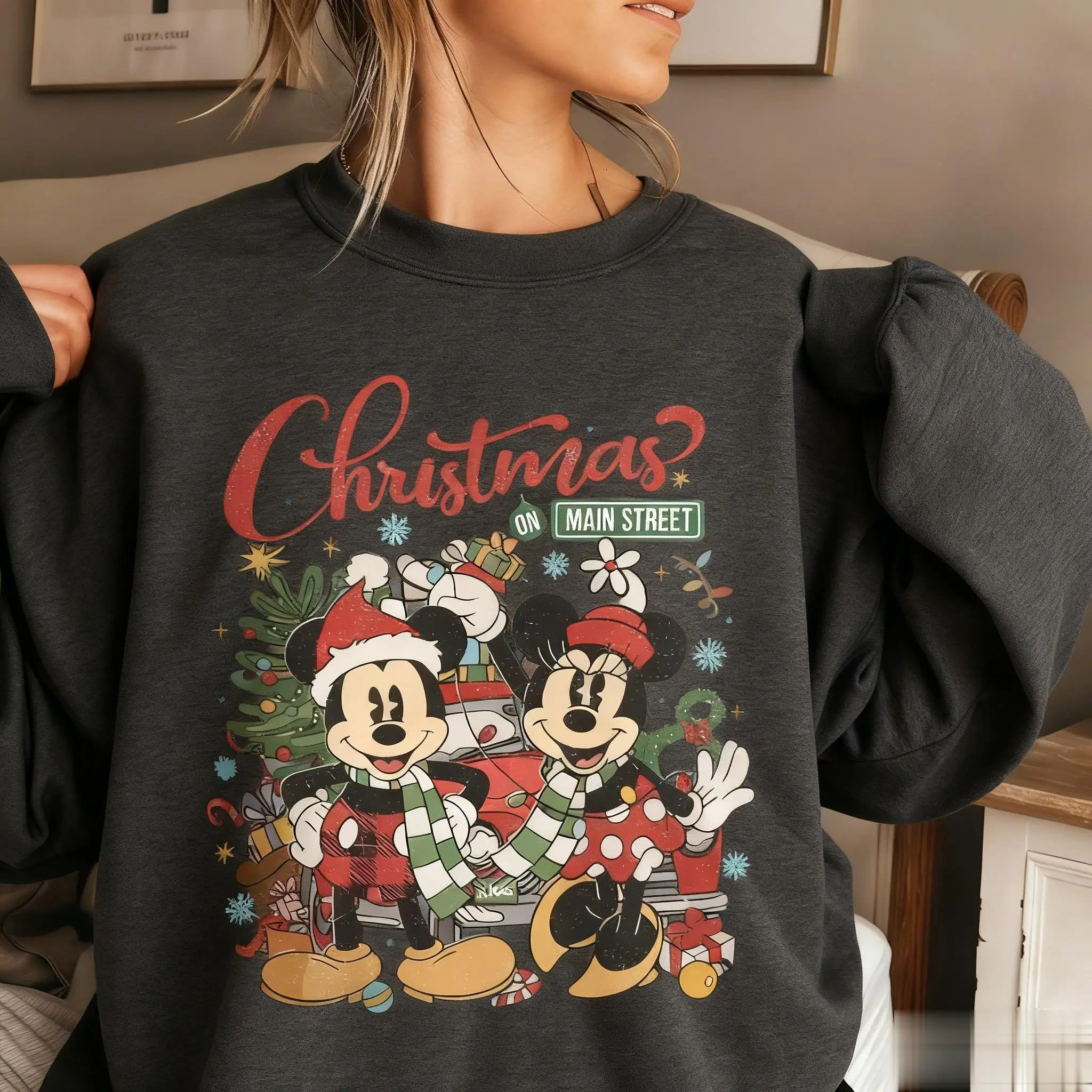 ディズニー クリスマス ミッキー ミニー プリント レディース クルーネック スウェットシャツ セーター グラフィック ストリートウェア カジュアル 冬 暖かい プルオーバー トップス Y2k