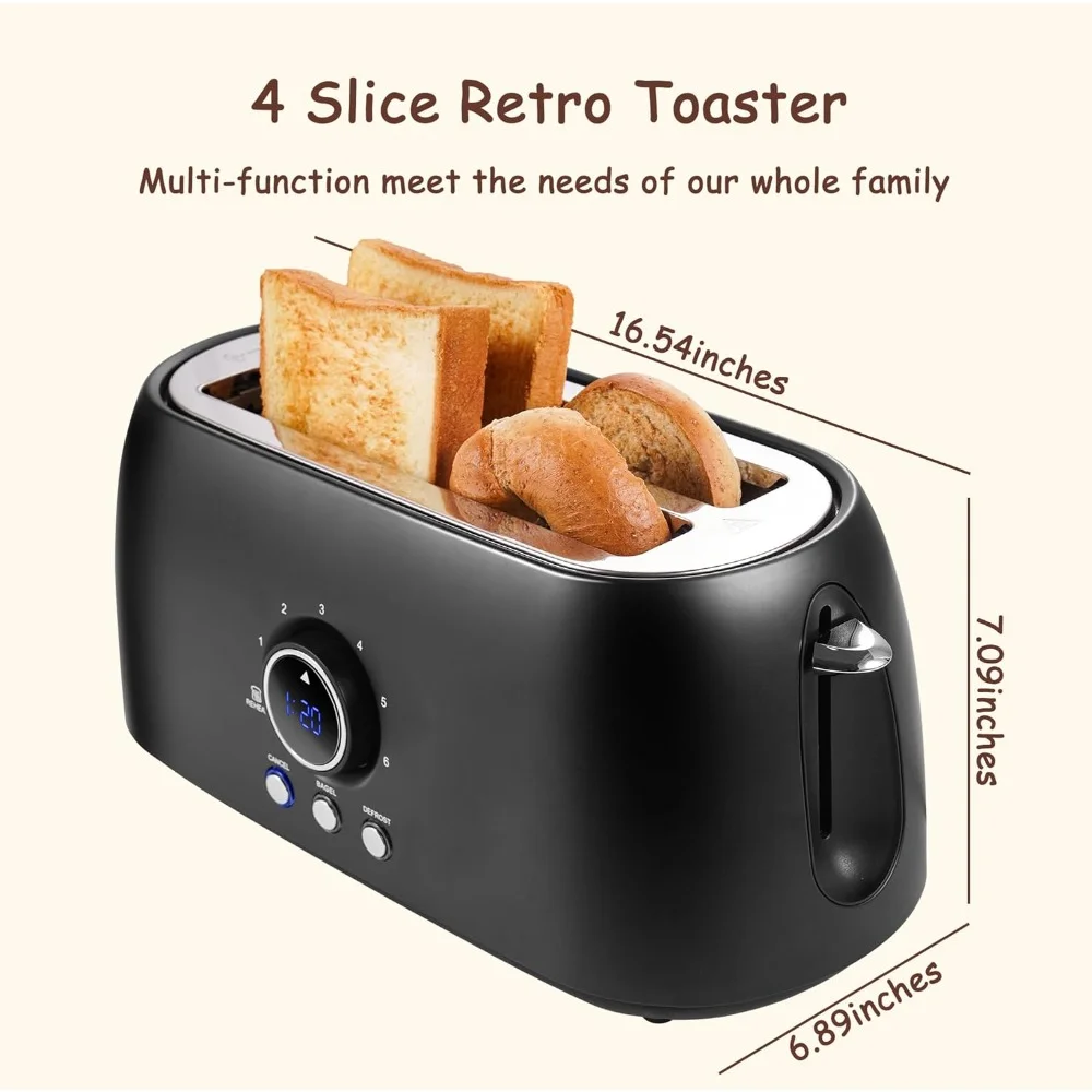 Toaster 4 Slice with Countdown Timer, Stainless Steel Toaster, Bagel, Defrost, Reheat, Cancel Functions, Long Slot Toasters