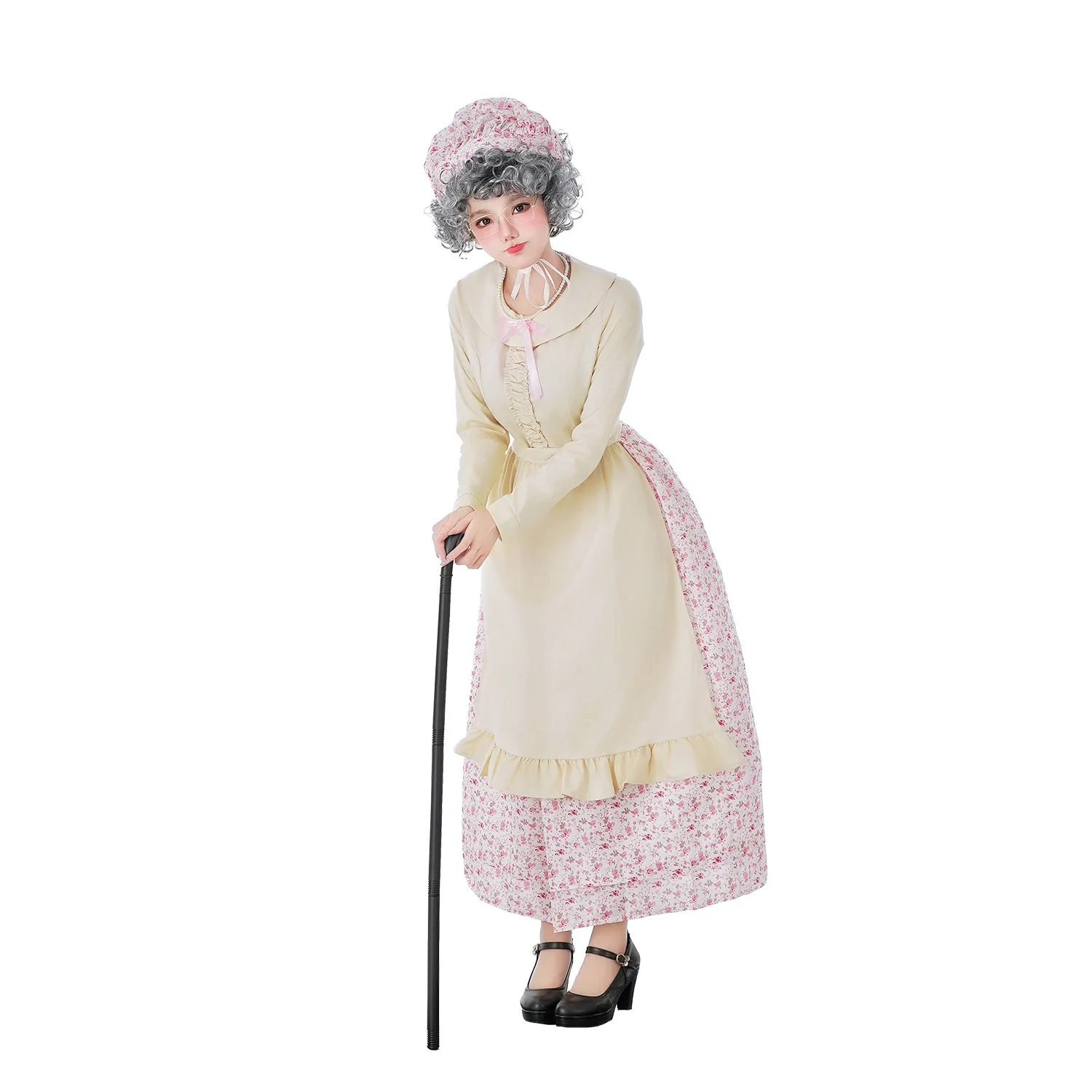 

Halloween Adult Costume 100 Days Of School Grandma Set Funny Dress Floral Dress Cosplay Old Lady Costume