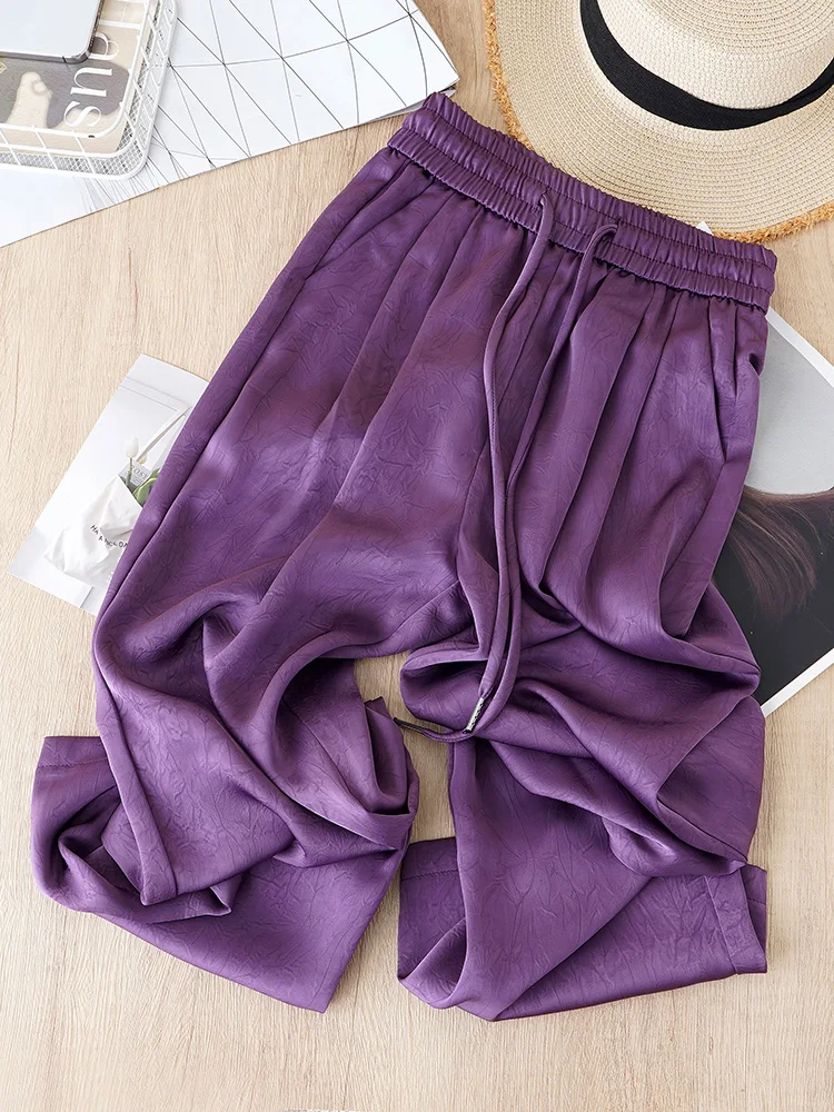 

Purple Acetate Satin Wide Leg Pants Women Summer Thin High Waist Drape Sun Protection Ice Silk Straight Leg Trousers