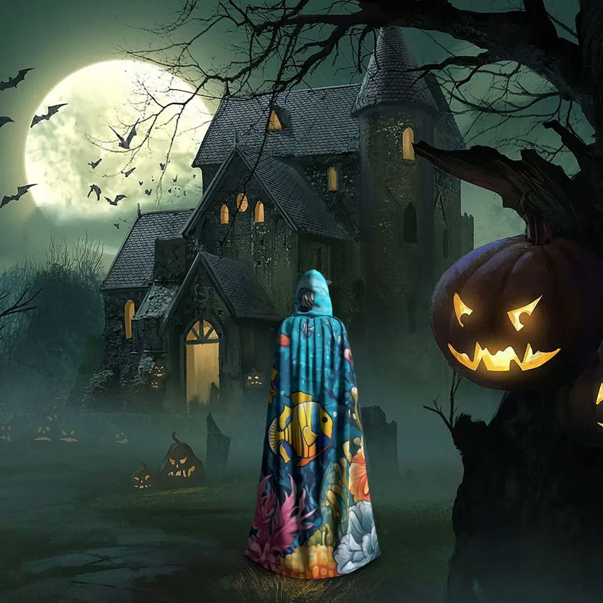 Capa larga con capucha de arrefes de Coral subacuáticos, disfraz Medieval de bruja, capa de Cosplay, fiesta de Halloween, adulto, Unisex