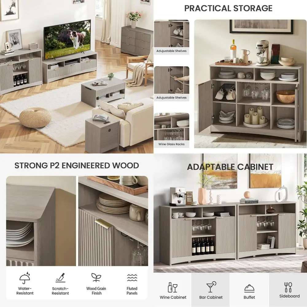 

47.2 Серый комод с подставкой для бокалов, регулируемыми полками для кухни, столовой, прихожей, выдерживает до 200 фунтов.