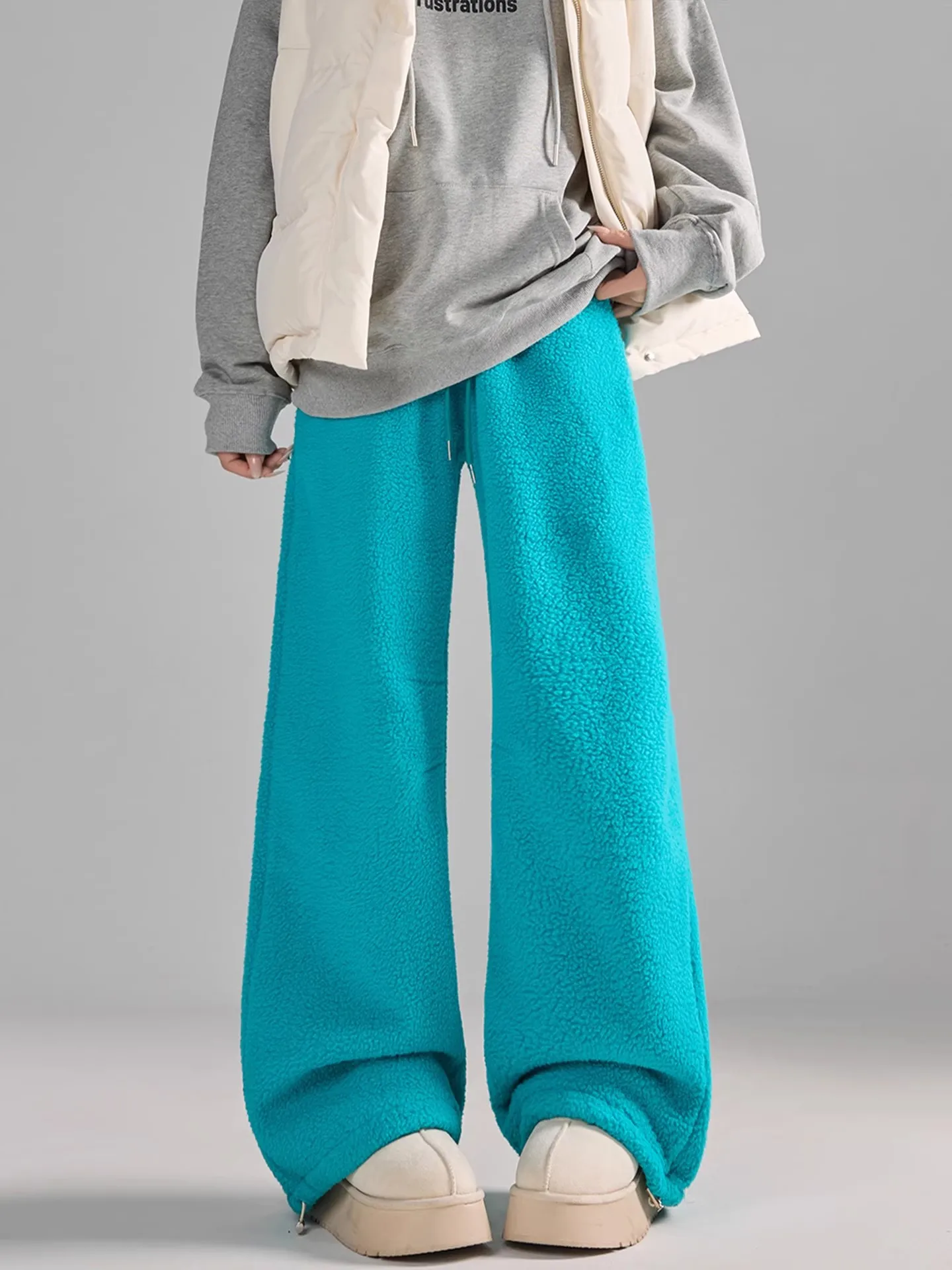 Warm Fleece Outerwear Sport Pants Autumn Winter Women High Waist Wide Leg Pants Commute Style Korean Fashion Pocket Detail