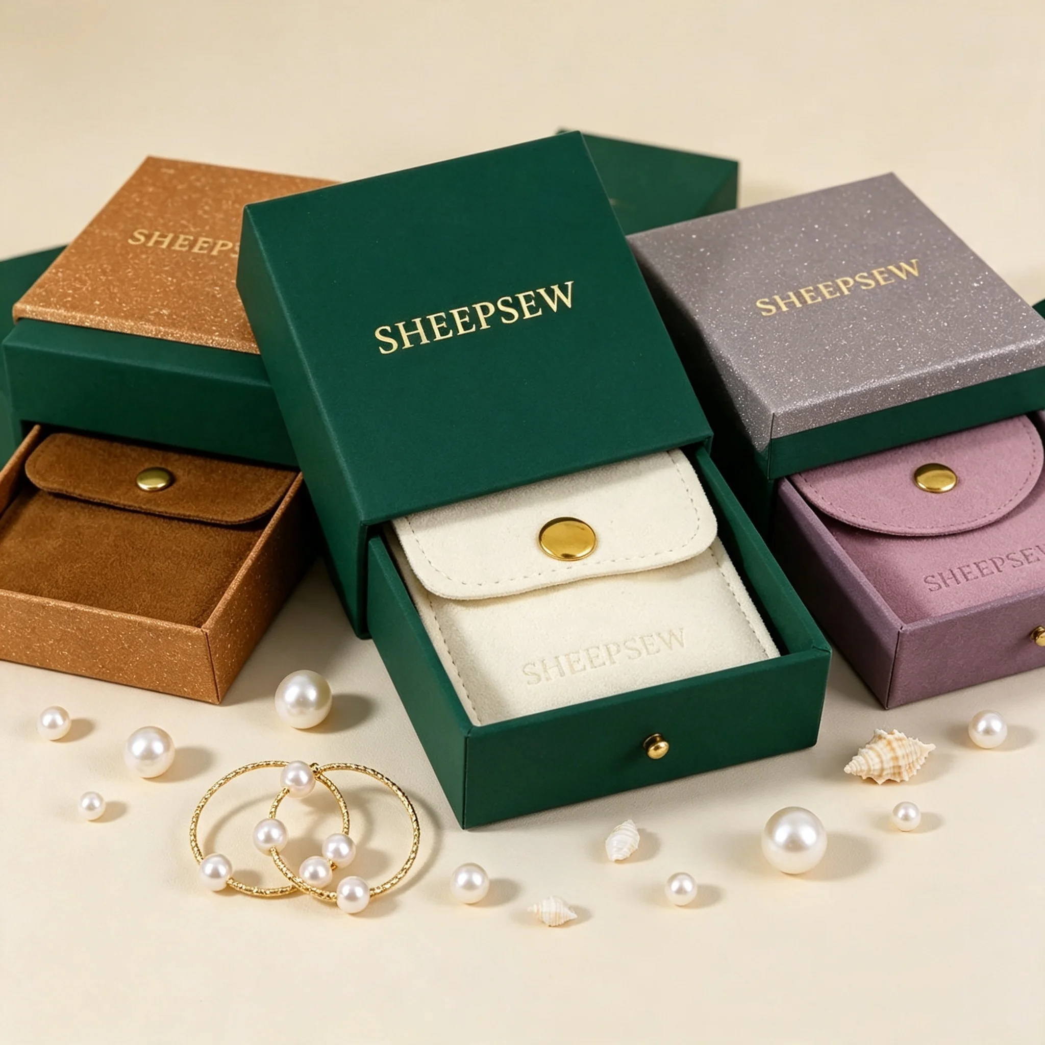 SheepSew Personalized Logo Rigid Drawer Jewelry Gift Packaging Box, Recyclable Paper Box With Microfiber Suede Pouch For Dainty