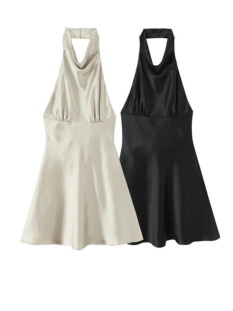 여름 블랙 새틴 홀터 백리스 드레스 여성용 보우 밴디지 슬림 미니 드레스