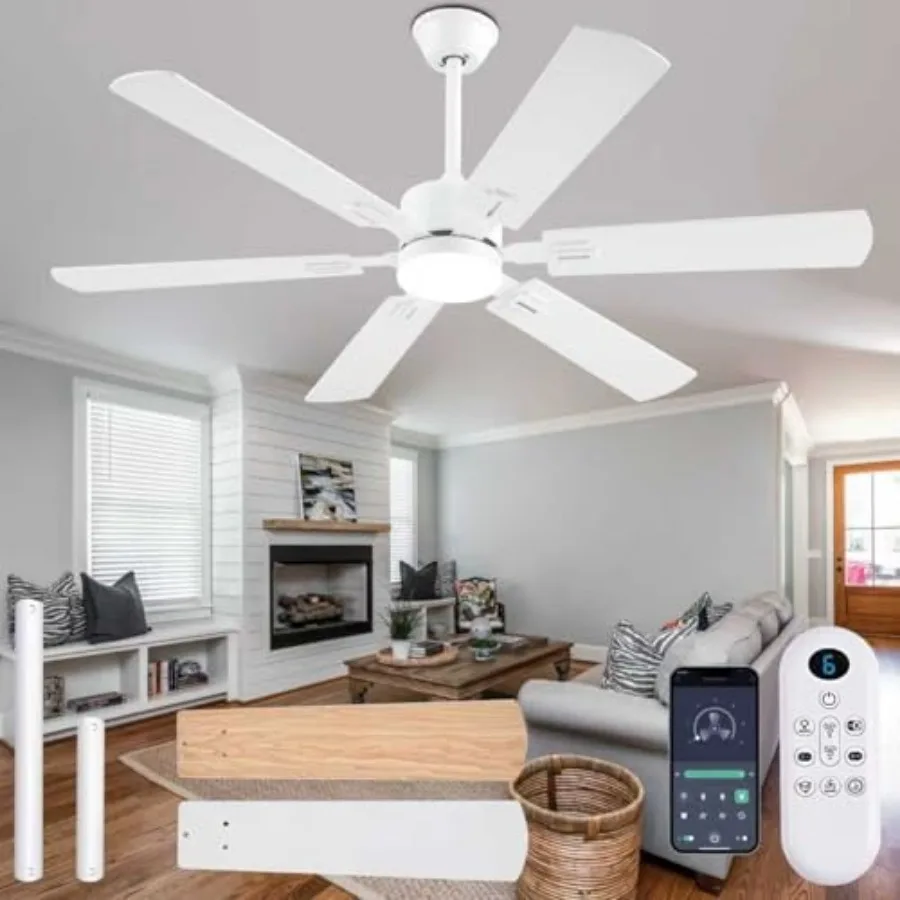 Modern White Ceiling Fans with Lights and Remote/App Control, Dimmable LED, Reversible DC Motor, Noiseless, 6 Double-Side Blade