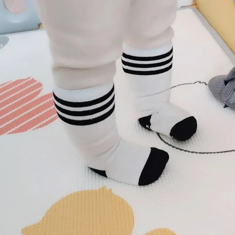 Korean Black White Striped Anti-slip Home Stitch Floor Stocking Spring Autumn Winter Soft Cotton Baby Girls Knee High Long Socks