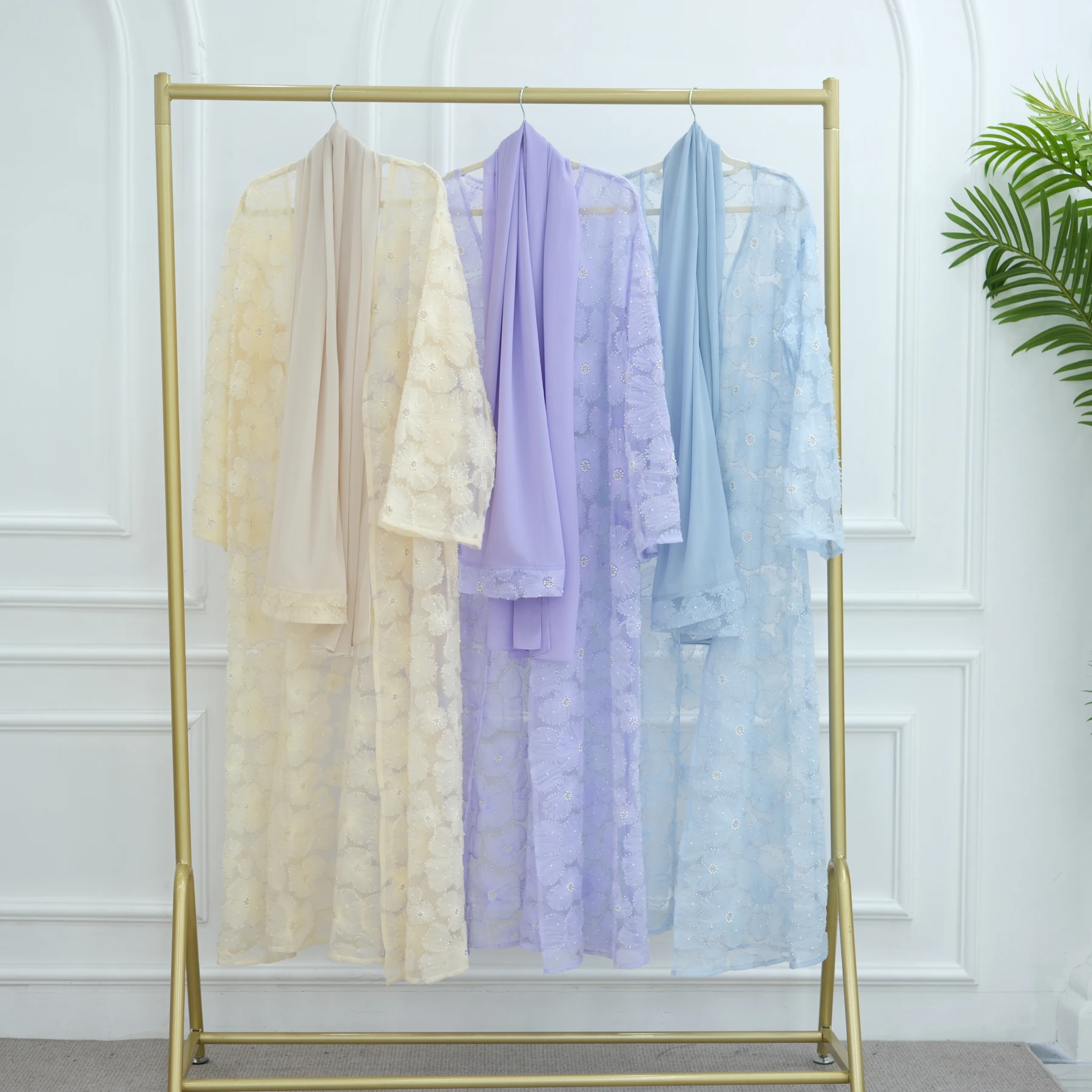 

Dreamy Party Muslim Kimono Abaya for Women (No Inner Dress), Floral Beading Summer Sheer Mesh Abaya Hijabi Ramadan Eid Outwear