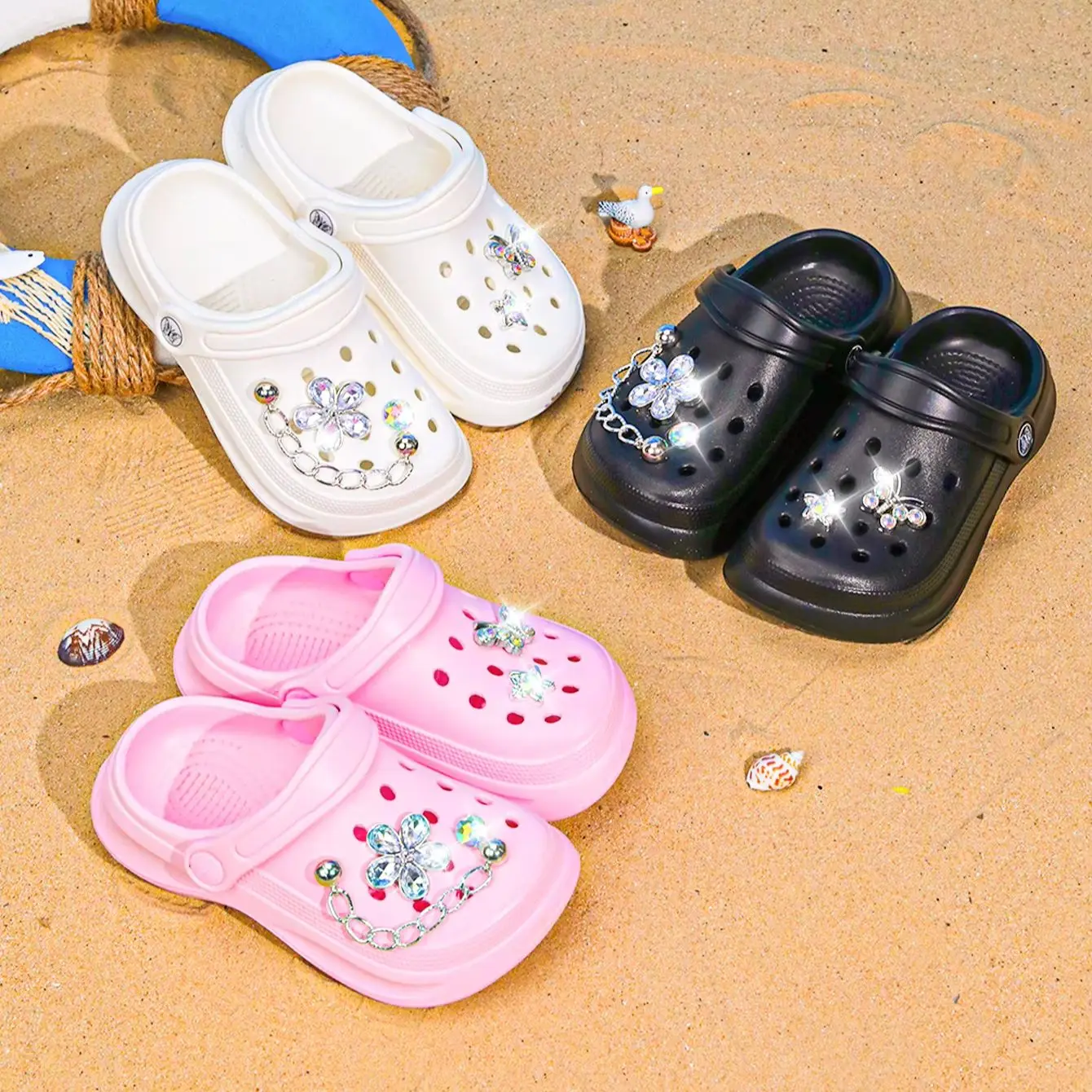 

Kids Slip-On Clogs and Mules, Breathable, Waterproof, EVA Garden Shoes with Decorative Chain for Beach and Everyday Wear 168