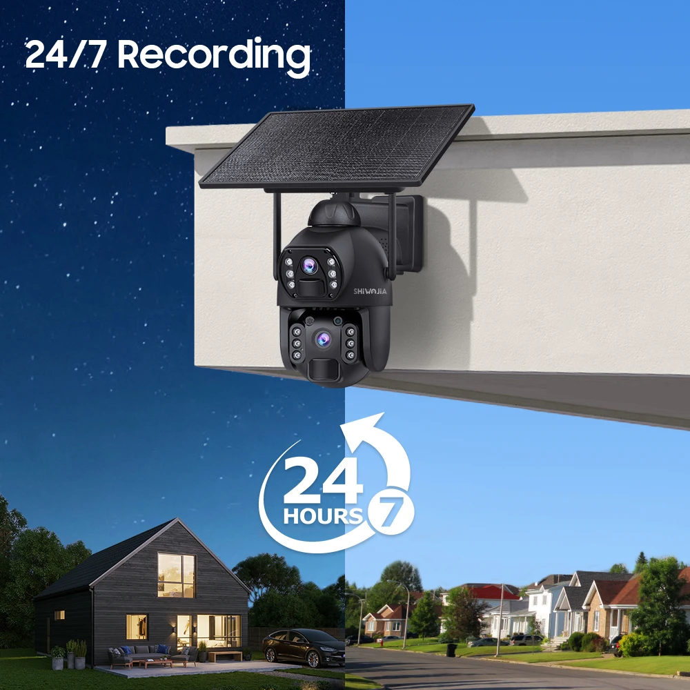 SHIWOJIA 8MP 4G SIM Solar Camera AOV Outdoor Dual Lens 360° View 10W Solar Panel Security PTZ IP WIFI Camera 10500mAh Battery