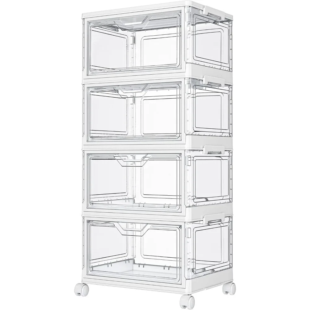 Clear Storage Bins with Lids - 4 Tier Stackable Plastic Bins | 23 QT Folding Box with Magnetic Door for Closet Organizers