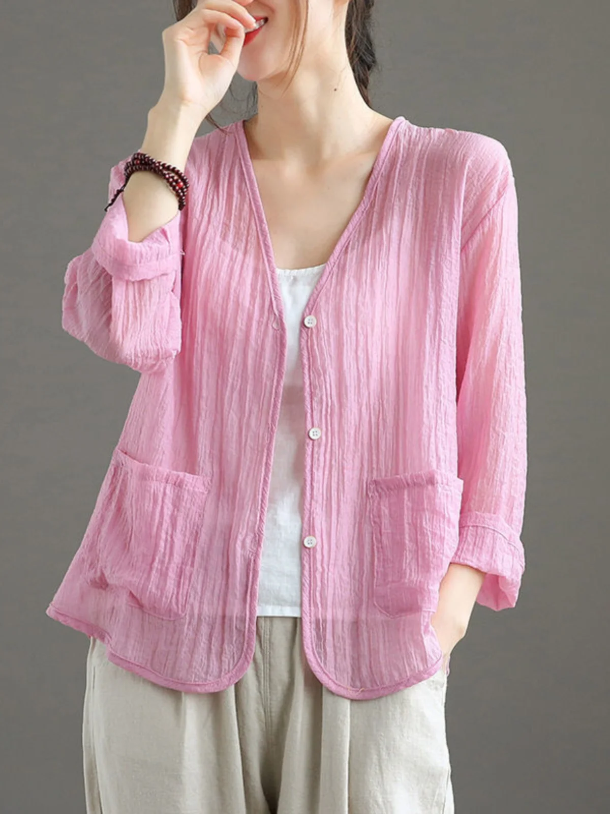 

Женский длинный льняной открытый кардиган све, маленький шил, легкий топ с кондиционером irt V-Ne, летняя верхняя одежда на пуговицах