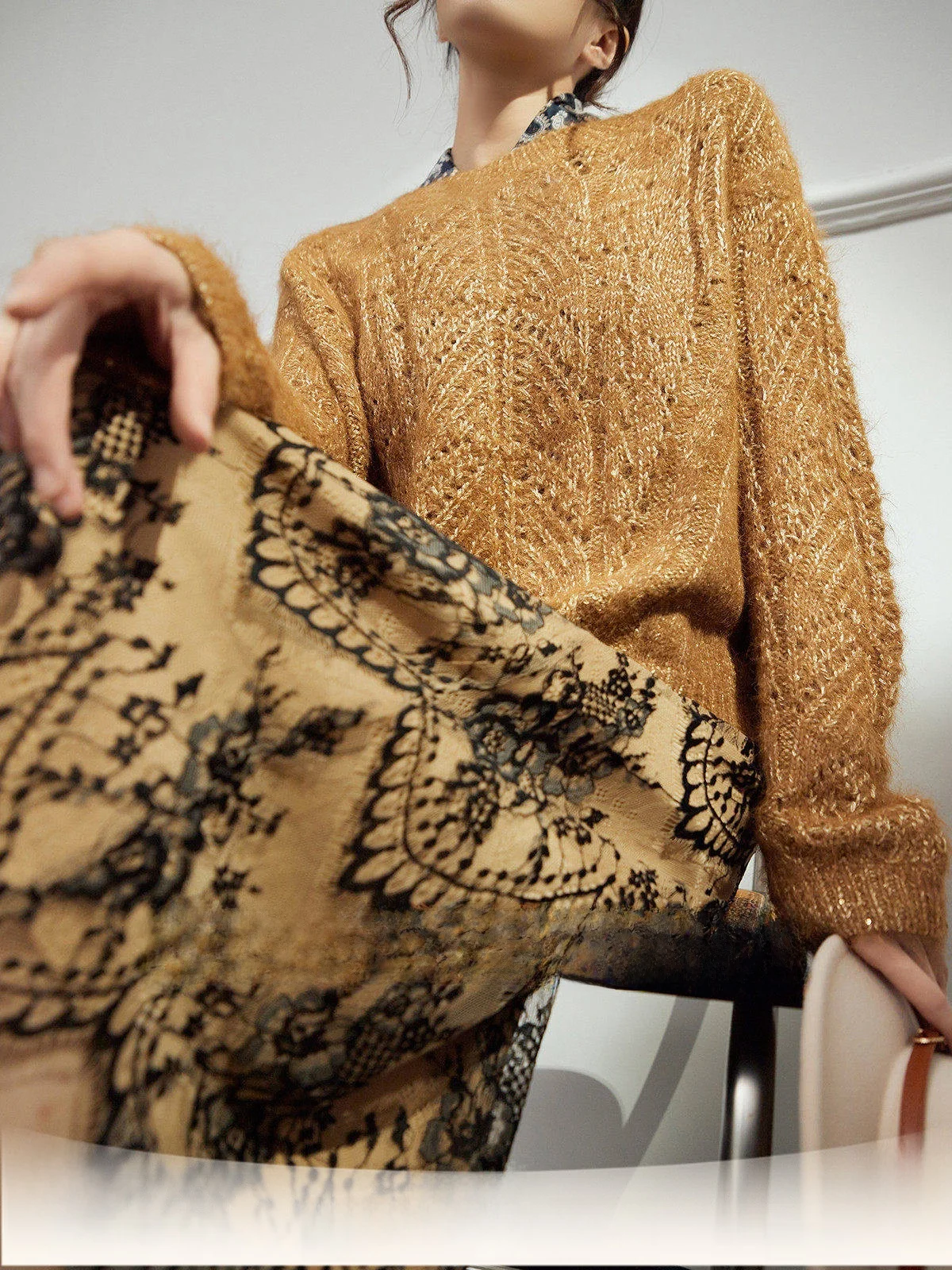 

Autumn Winter Women's Thiened Gold Brown Camere Sweater Lazy Sle Uncle Knitted Long Sve round Ne Top