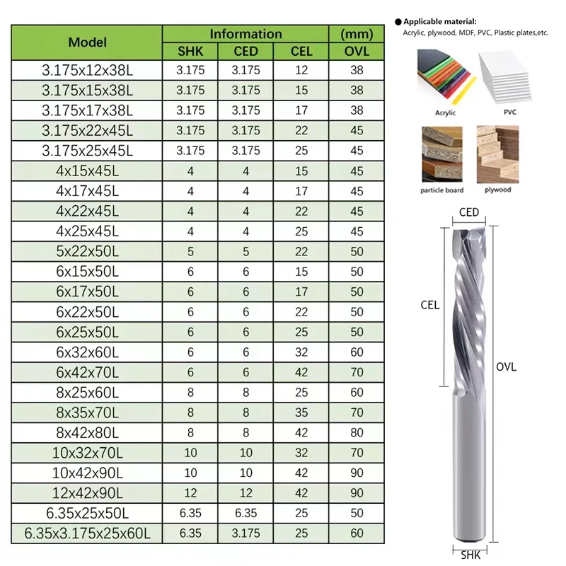 1Pc 2 Flutes Spiral Carbide Bits - UP & DOWN Cut, for Compression Wood End Milling on CNC Router