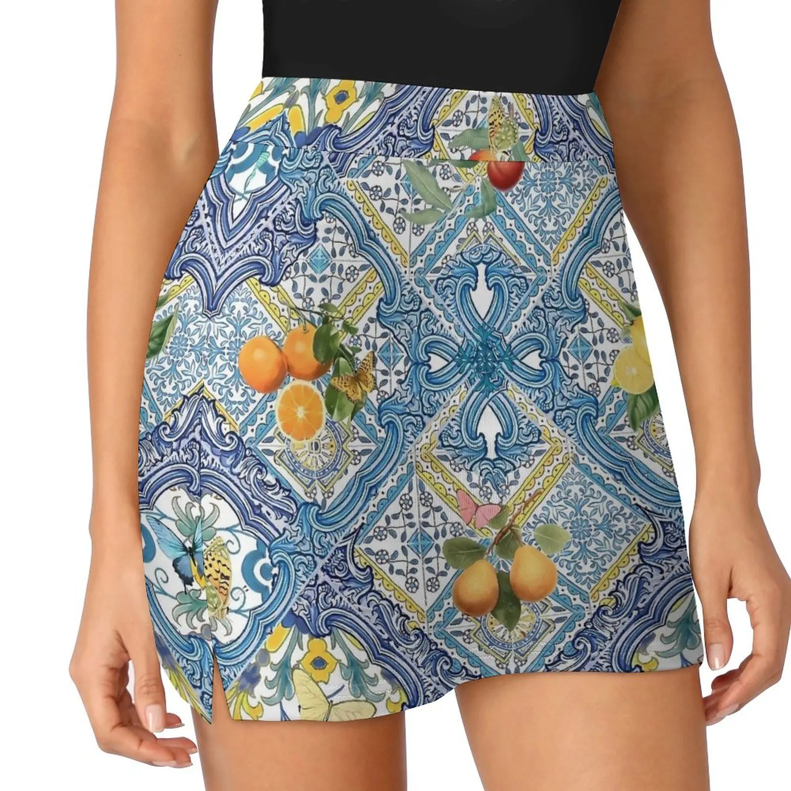 Retro Lemon Blue Tiles Skirt Summer Italian Citrus Fruit Fashion Casual A-line Skirts Modern Mini Skirt Female Short Bottoms