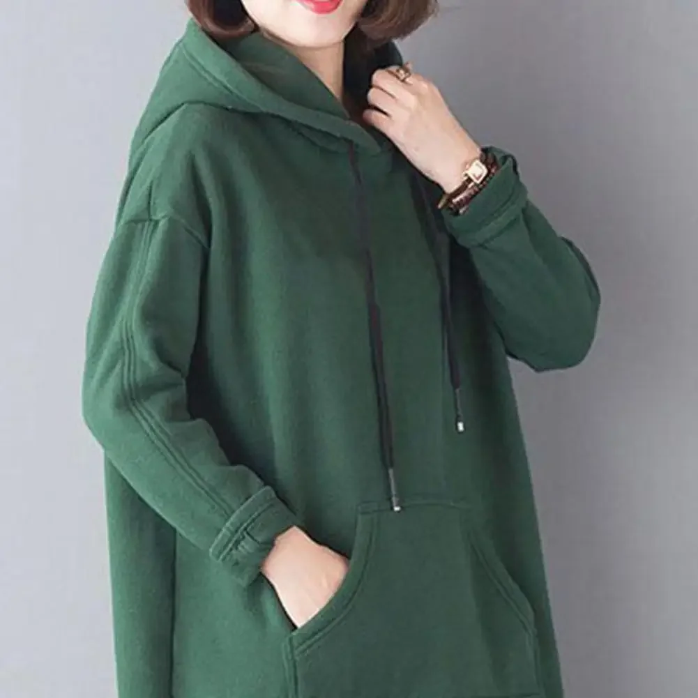 

With Big Pocket Drawstring Slit Hem Pullover Tops Ladies Solid Color Loose Knee Length Thick Top Hoodie Women Fall Winter Hood