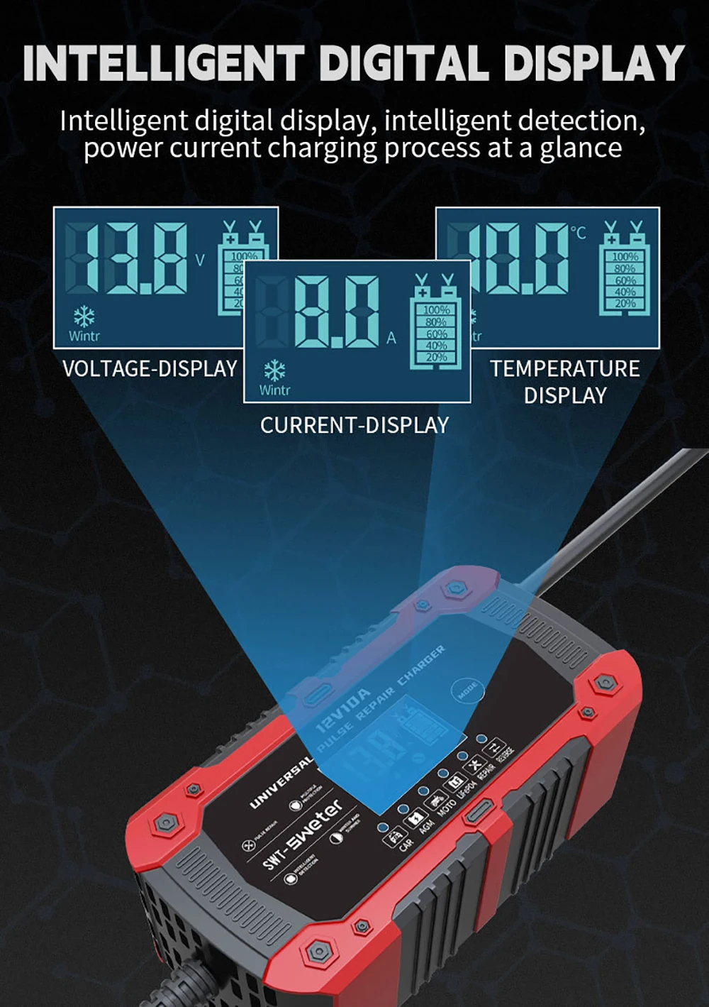 12V 10A Battery Charger Smart Fast Charging for motorcycle Car Batteries Charge Pulse Repair for Lifepo4 AGM GEL WET Lead Acid