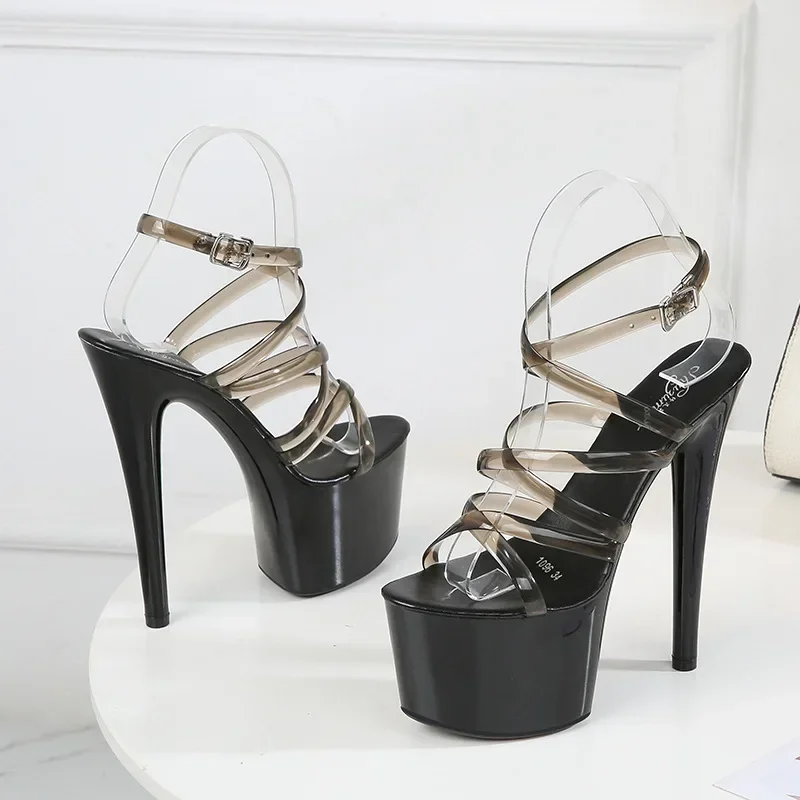 2025 Mclubgirl Sandali in pelle verniciata Tacchi alti speciali Fine Sexy Tacchi con plateau neri Sandali ultra alti Estate da donna LFD