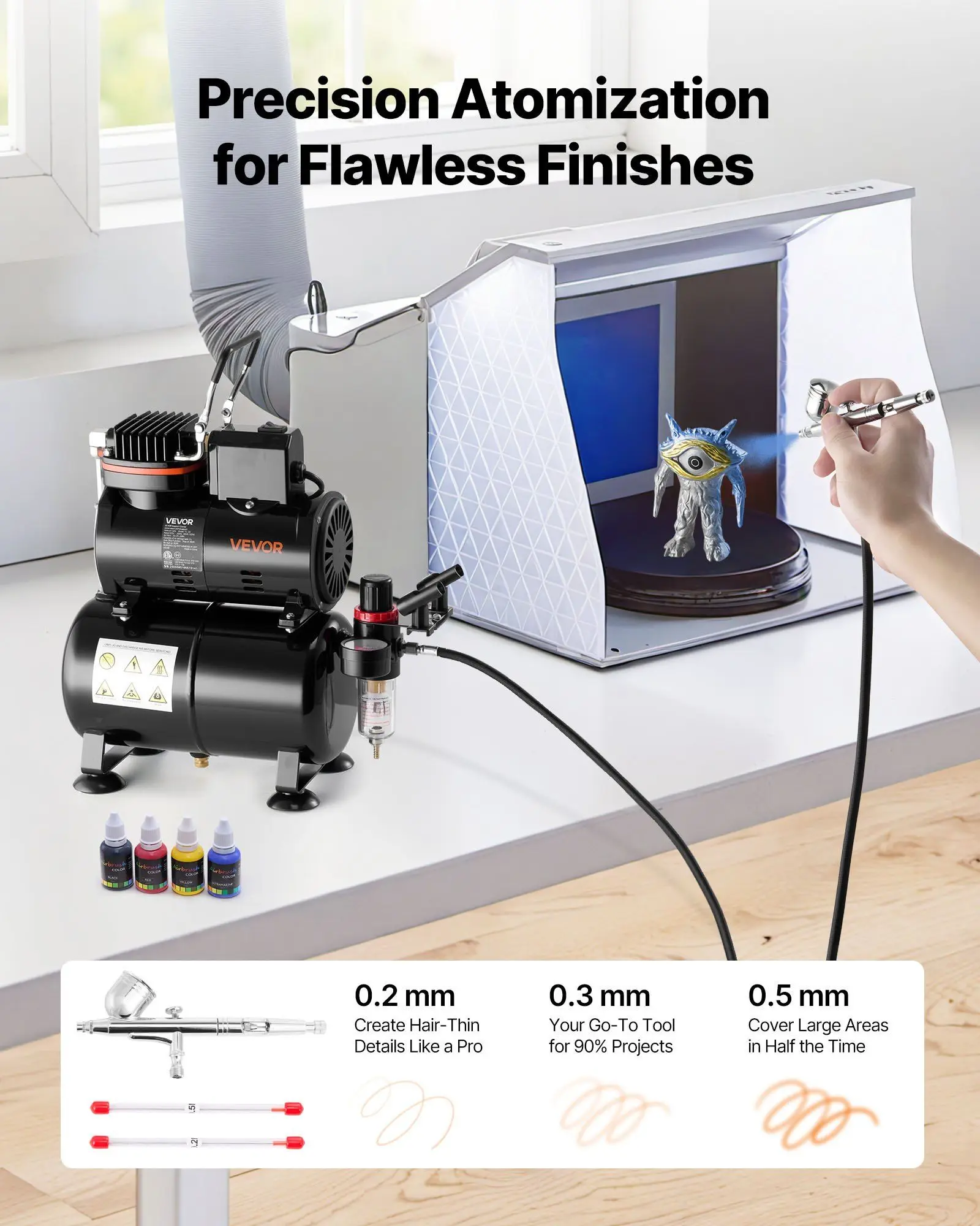 コンプレッサーとタンク付きエアブラシキット 1/6 HP 低騒音デュアルアクションエアブラシ ケーキデコレーションモデルとネイルアート用