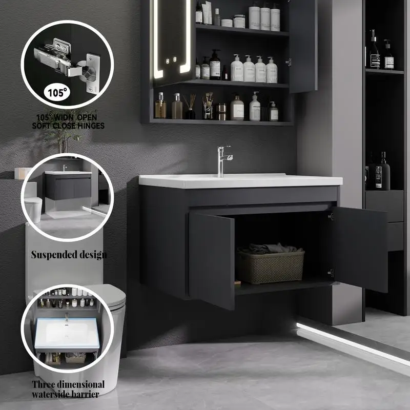 حوض حمام مثبت على الحائط مقاس 32 بوصة مع مجموعة حوض سيراميك، باب خزانة مغلق ناعم، يتضمن استنزاف منبثق وصندوق على شكل حرف P، رمادي