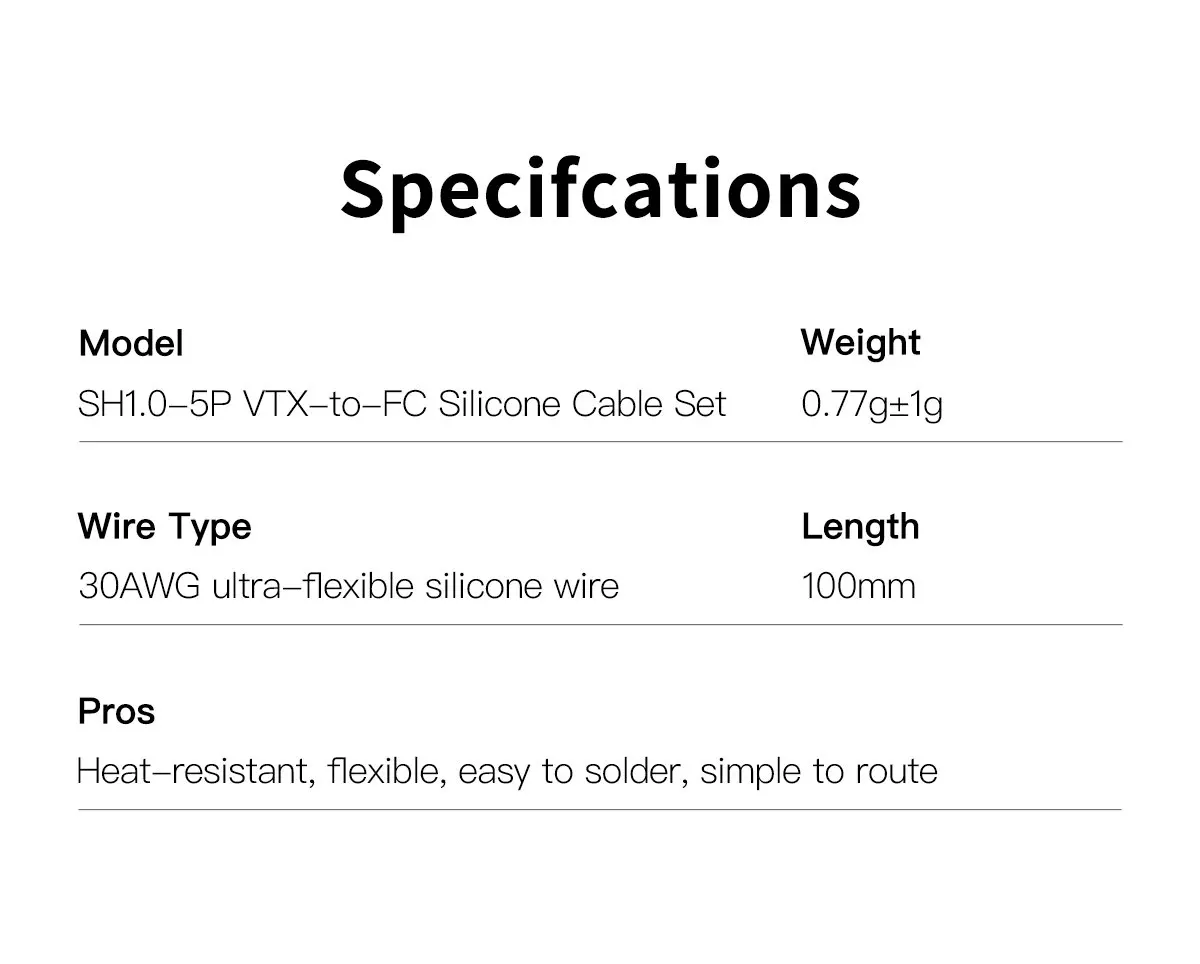 Set di cavi in silicone GEPRC SH1.0-5P VTX-to-FC con connettore femmina con passo da 1,0 mm e cavo in silicone ad alta flessibilità 30 AWG facile da saldare