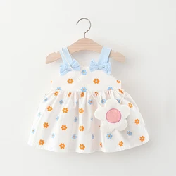 Summer Children's Clothing Girls' New Dress Three-Dimensional Bow Cute Printed Suspender Skirt, Sweet Vest Belt Bag