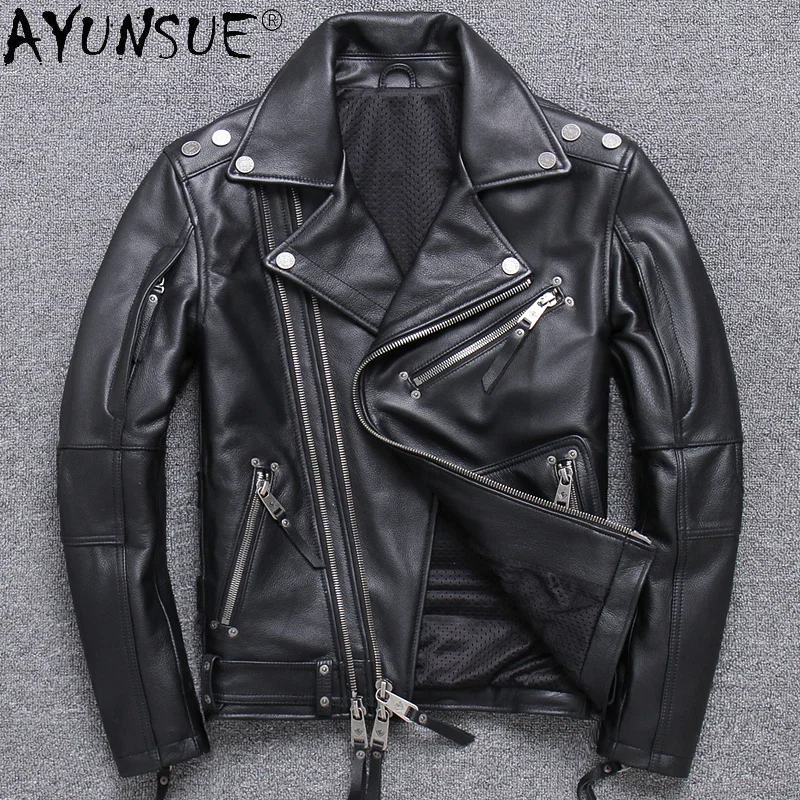 AYUNSUE Genuine Leather Jacket Men Vintage Natural Cowskin Coat Spring Autumn Mens Leather Motorcycle Jackets Chaquetas Hombre