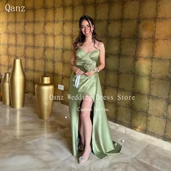 Qanz เซ็กซี่ Sage สีเขียว Vestidos De Festa สูง Slit ซาตินชุดราตรี Mermaid ชั้นความยาวรัดตัวที่กําหนดเอง Party Dress