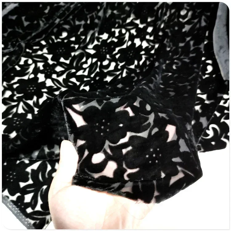 Black Floral Hollow Silk Velvet Mulberry Silk Cotton Velvet Fabric for Dresses, Qipao, Shirts, and Short Sleeves