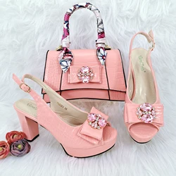 QSGFC African Newest Mature Classics Style Platform Design Rhinestone Decoration Party Wedding Shoes and Bag in Pink Color