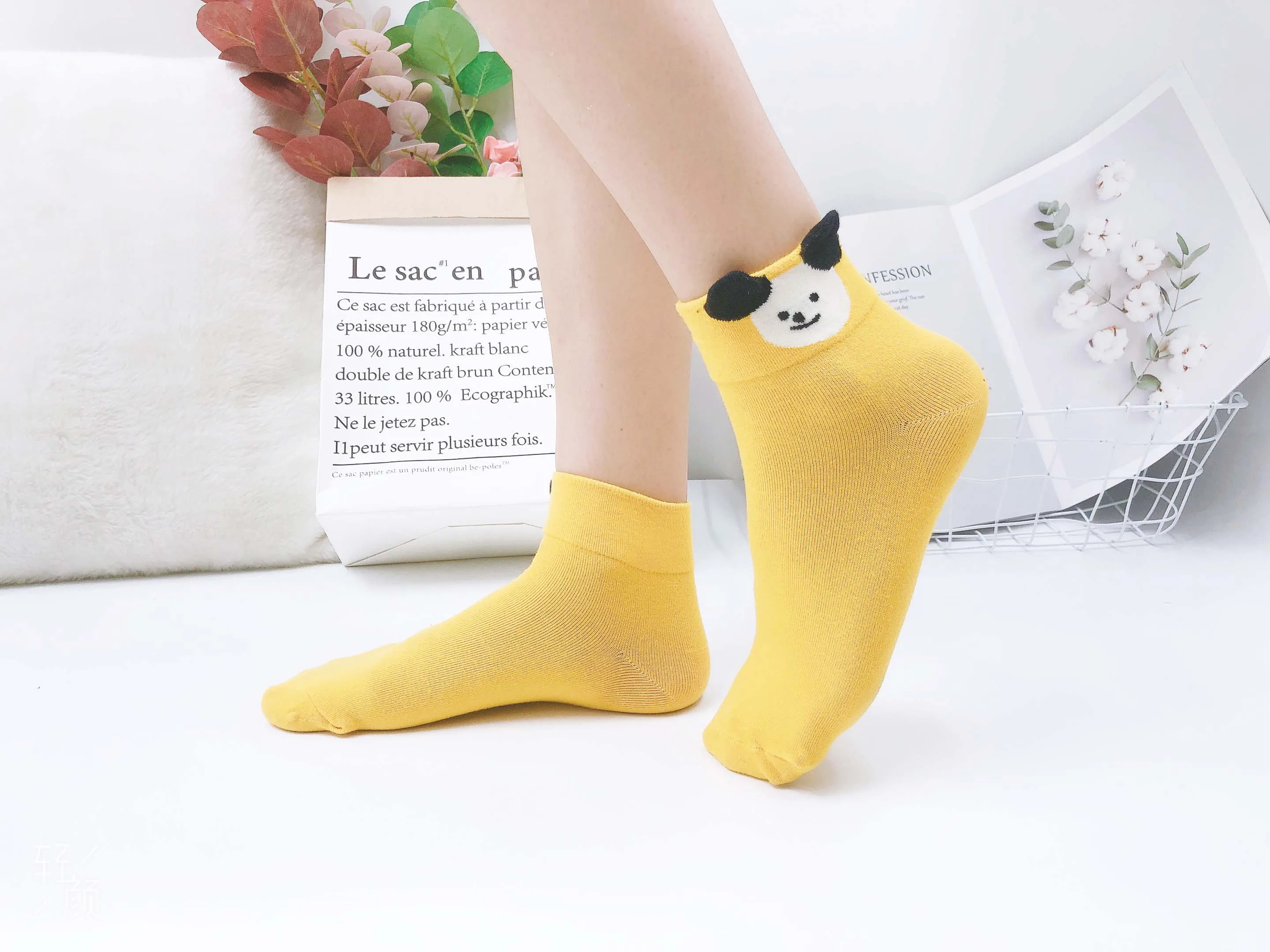 women socks spring summer japanese style kawaii little ears Avocado green Cartoon cute dog cotton socks colorful socks